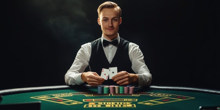 Meja Caribbean Stud Poker live-dealer di goslot dengan dealer profesional dan antarmuka permainan yang jelas